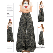 胖mm美式 新款 复古迷彩工装 大码 牛仔裤 女夏季 直筒宽松垂感拖地裤 子