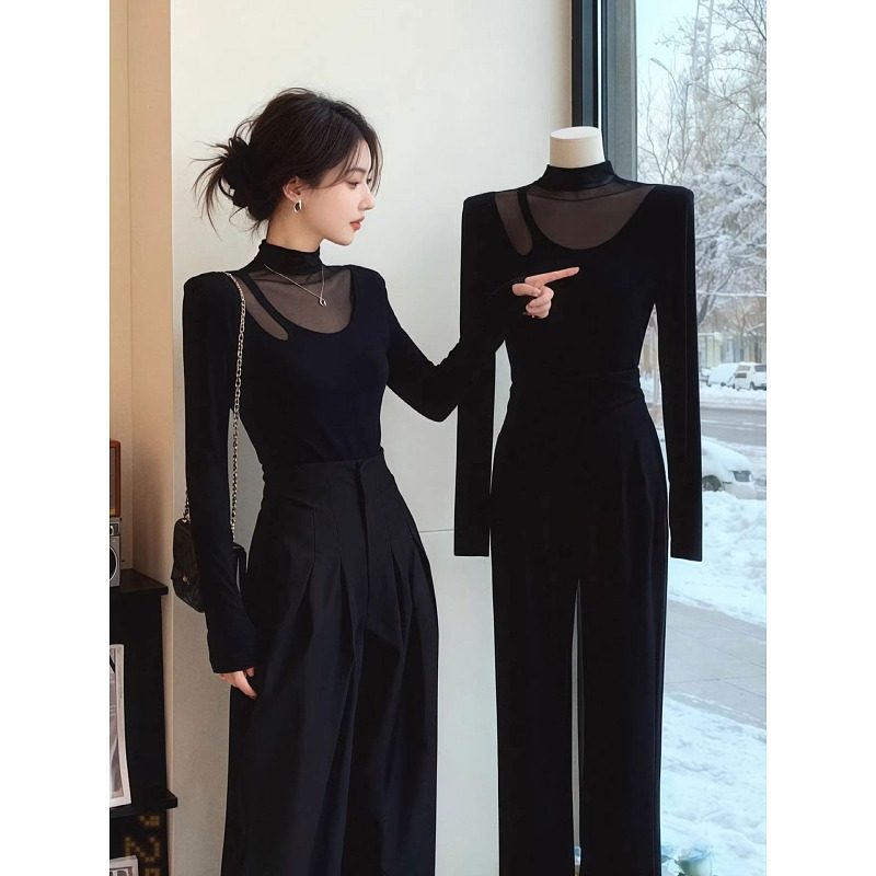 大码纯欲风网纱拼接半高领打底衫女2026新款加绒磨毛长袖内搭上衣,女装/女士精品,大码内搭,淘宝优惠券,粉丝福利购,淘宝优惠卷