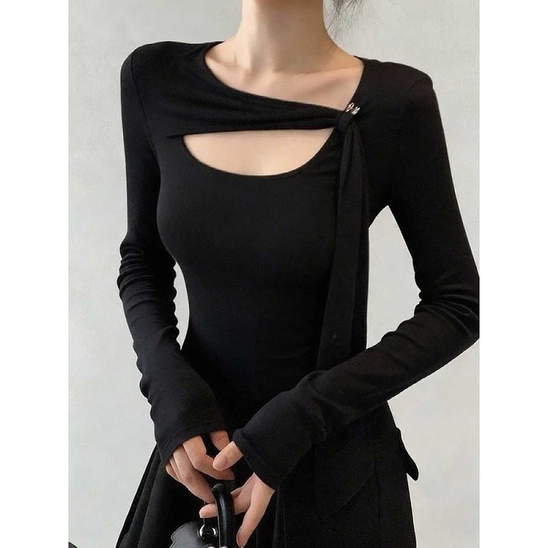 大码胖mm镂空飘带修身长袖T恤女秋冬季内搭设计感甜辣妹气质上衣,女装/女士精品,大码内搭,淘宝优惠券,粉丝福利购,淘宝优惠卷