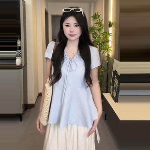 胖mm巨显瘦时尚 大码 女夏季 衬衫 百搭遮肚子绝美上衣 荷叶边v领短袖