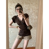 大码 超好看辣妹风上衣 显瘦时尚 胖mm复古棕色V领正肩短袖 t恤女夏季
