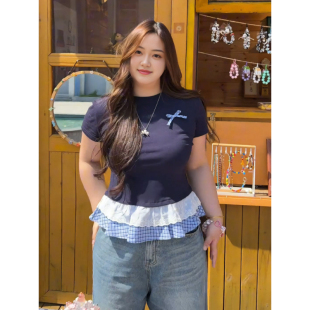 遮肉显瘦上衣 T恤女夏2025新款 大码 胖mm韩系撞色格子蕾丝拼接短袖