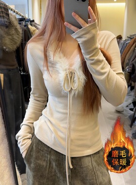 大码胖妹妹韩系毛毛领系带T恤女秋冬新款设计感加绒磨毛打底上衣