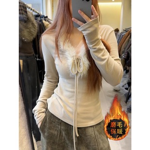 大码 设计感加绒磨毛打底上衣 胖妹妹韩系毛毛领系带T恤女秋冬新款