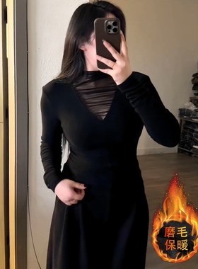 大码黑色网纱拼接长袖打底衫T恤女秋冬胖mm加绒磨毛气质内搭上衣