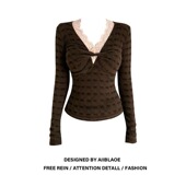 大码 时尚 蕾丝V领假两件内搭T恤女秋冬胖mm高级感显瘦绝美气质上衣