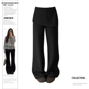 百搭遮肉显瘦垂感阔腿裤 春季 子 胖MM复古叠穿屁帘假两件休闲裤 大码