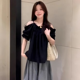 大码 设计感宽松显瘦衬衣 胖妹妹法式 温柔风抽绳露肩吊带上衣女夏季