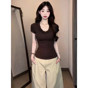 韩系设计感洋气百搭上衣女 大码 胖mm木耳边V领正肩修身 短袖 T恤夏季