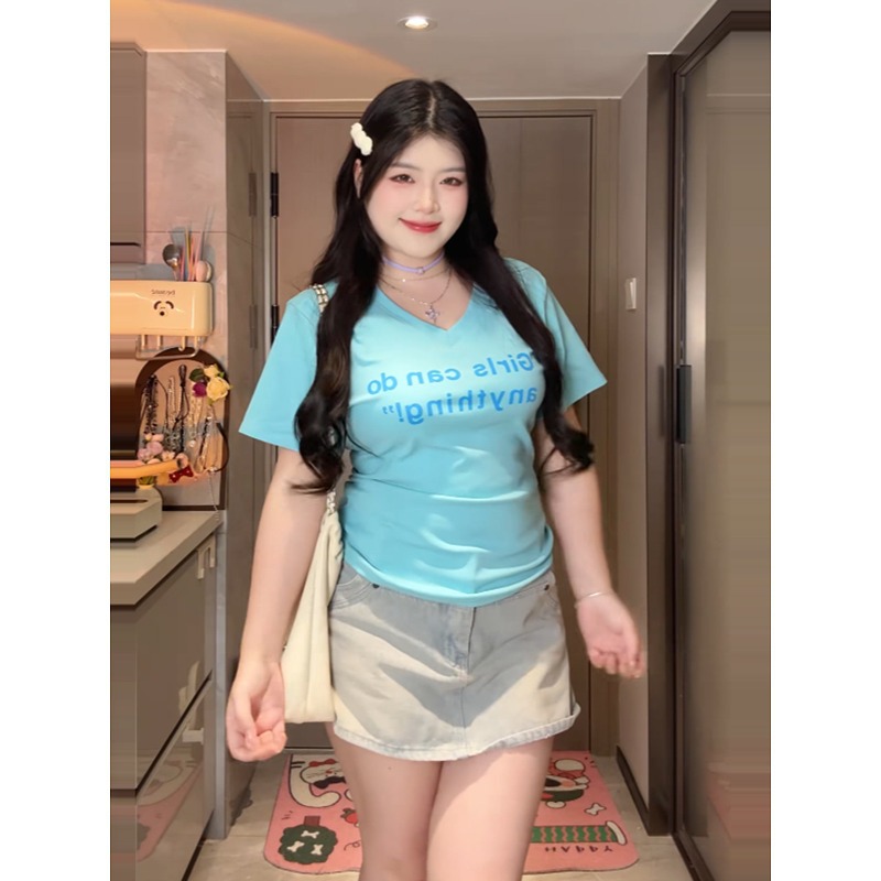 大码美式字母印花正肩短袖t恤女2025年夏季胖mm修身百搭显瘦上衣