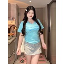 胖mm修身 大码 t恤女2025年夏季 美式 百搭显瘦上衣 字母印花正肩短袖