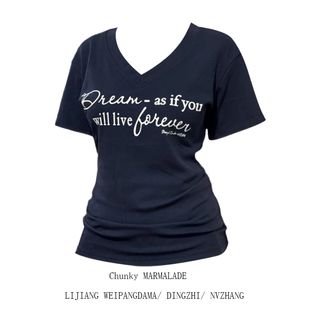 休闲百搭T恤女装 大码 新款 上衣夏季 微胖MM字母印花收腰显瘦V领短袖