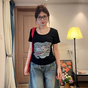 辣妹猫咪印花短袖 美式 t恤夏季 新款 显瘦绝美上衣 大码 胖mm时尚 女装