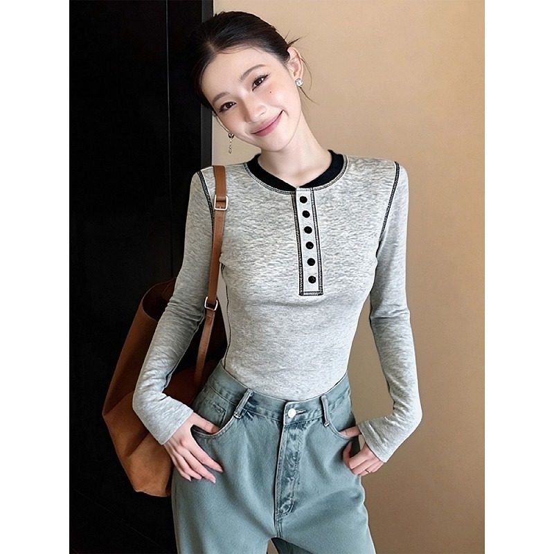 超好看灰色亨利领加绒磨毛长袖t恤女大码秋冬修身内搭打底衫上衣,女装/女士精品,大码内搭,淘宝优惠券,粉丝福利购,淘宝优惠卷