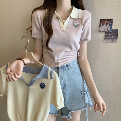 甜辣设计感polo领短袖针织衫