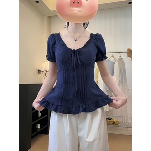 微胖MM新款 大码 夏季 复古木耳边泡泡袖 收腰百搭显瘦设计感上衣 衬衫