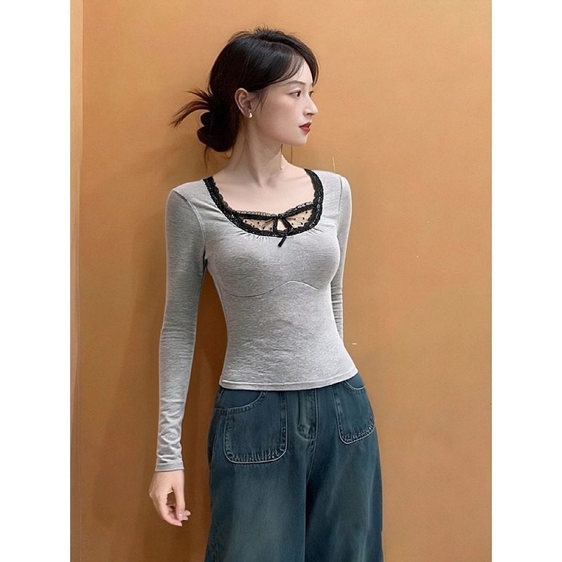 大码韩系灰色蕾丝方领正肩长袖t恤打底衫女秋冬修身内搭锁骨上衣,女装/女士精品,大码内搭,淘宝优惠券,粉丝福利购,淘宝优惠卷
