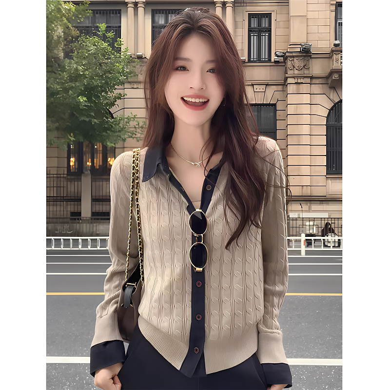 大码胖mm韩系牛仔拼接polo领针织衫女秋季老钱风气质百搭上衣外套