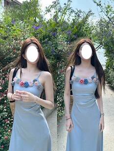 性感纯欲修身 大码 胖mm立体花朵蓝色吊带连衣裙子女夏季 法式 包臀裙