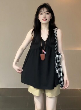大码胖mm气质无袖黑色背心衬衫女夏季高级感韩版宽松遮肉小衫上衣