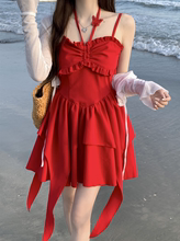 大码胖mm夏季显瘦纯欲辣妹红色连衣裙吊带裙＋白开衫时尚两件套装