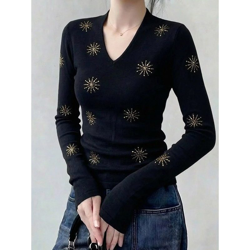 大码微胖mm黑色V领烫钻长袖T恤打底衫女2026新款修身绝美内搭上衣,女装/女士精品,大码内搭,淘宝优惠券,粉丝福利购,淘宝优惠卷