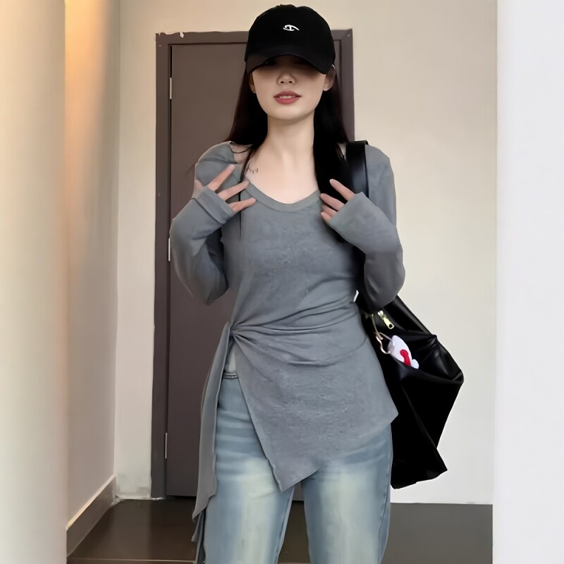 大码休闲长袖针织衫女装秋季胖mm显瘦修身内搭打底衫正肩t恤上衣