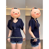 v领设计感紧身显瘦蝙蝠袖 大码 上衣 t恤女装 夏季 藏蓝色收腰薄款 短袖