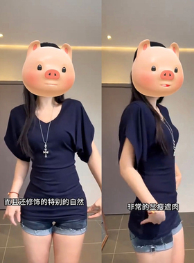 大码藏蓝色收腰薄款短袖t恤女装夏季v领设计感紧身显瘦蝙蝠袖上衣