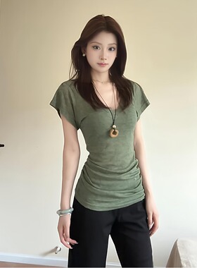 大码胖mm复古风v领正肩纯色绿色短袖T恤夏季新款辣妹修身百搭上衣