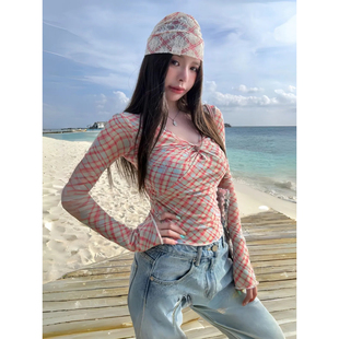 T恤女2026早春扭结修身 子网纱V领长袖 显瘦上衣潮 胖mm辣妹风格 大码