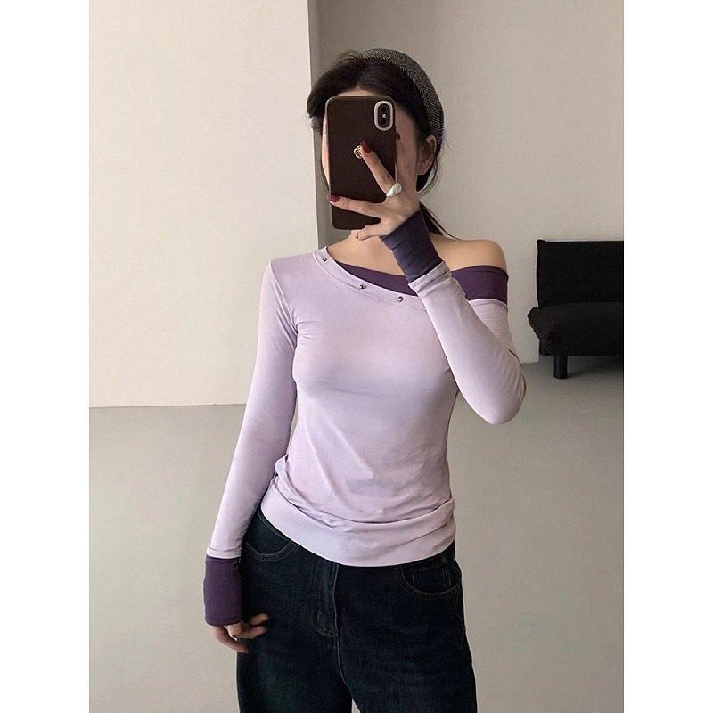 大码辣妹撞色斜领露肩长袖T恤女秋冬季内搭打底衫巨好看修身上衣,女装/女士精品,大码内搭,淘宝优惠券,粉丝福利购,淘宝优惠卷