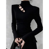 大码 辣妹镂空半高领长袖 T恤女秋冬胖mm加绒磨毛正肩内搭打底上衣