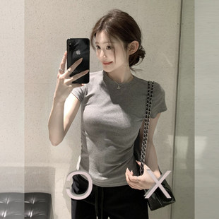大码胖妹妹灰色正肩短袖T恤女士5新款夏季修身打底衫时尚百搭上衣