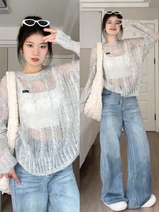 大码胖mm韩版百搭宽松针织衫长袖夏季设计感小众薄款透气防晒上衣