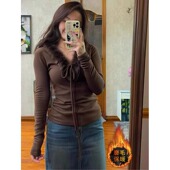 大码 胖MM韩系毛毛领系带T恤女秋冬新款 显瘦气质加绒磨毛打底上衣