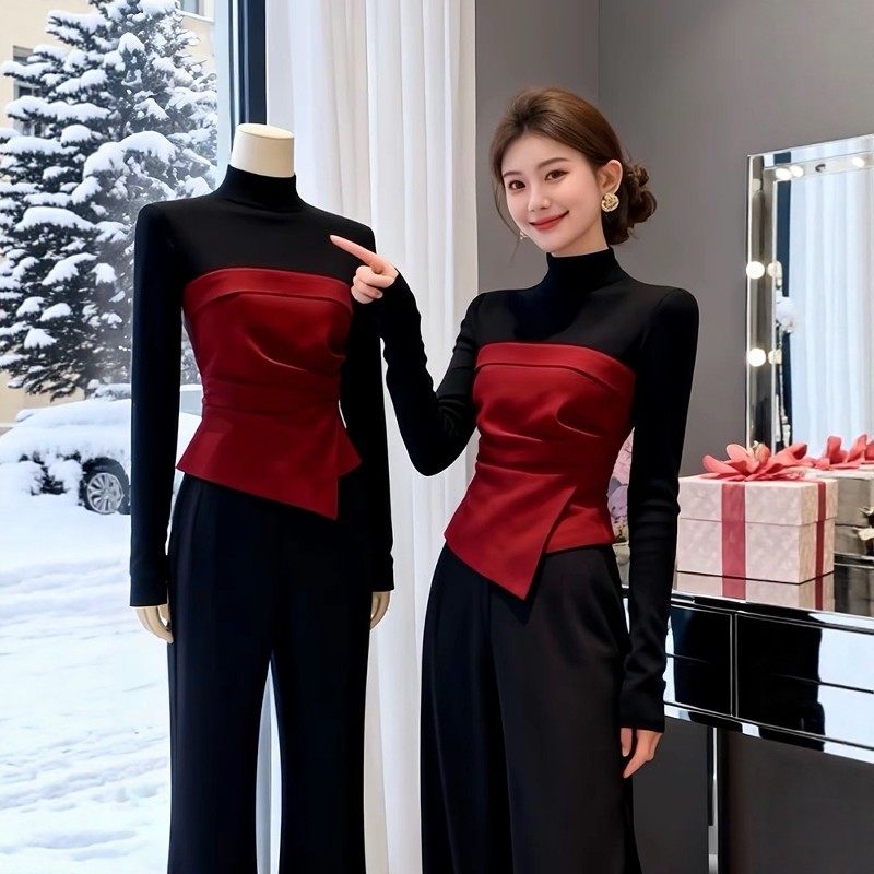 大码胖mm红色拼接半高领长袖T恤女冬季新款漂亮打底衫内搭上衣,女装/女士精品,大码内搭,淘宝优惠券,粉丝福利购,淘宝优惠卷