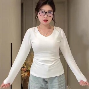 t恤女2026春秋新款 v领正肩长袖 辣妹显瘦百搭打底上衣 胖mm时尚 大码