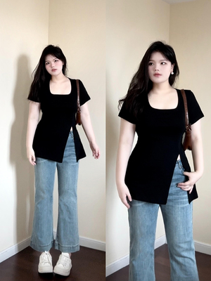 设计感开叉方领短袖t恤女夏