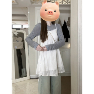 大码 两件套 胖mm早春韩系温柔风超仙镂空蕾丝吊带连衣裙慵懒打底衫