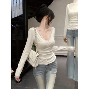大码 T恤女秋冬胖mm蕾丝加厚磨毛打底上衣 纯欲性感低胸v领绝美长袖