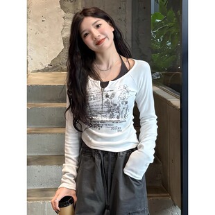 秋季 大码 T恤女打底衫 复古印花挂脖长袖 胖mm假两件设计感上衣 美式