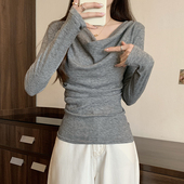 胖mm设计感荡领上衣女2025秋冬新款 韩版 修身 大码 显瘦长袖 T恤潮