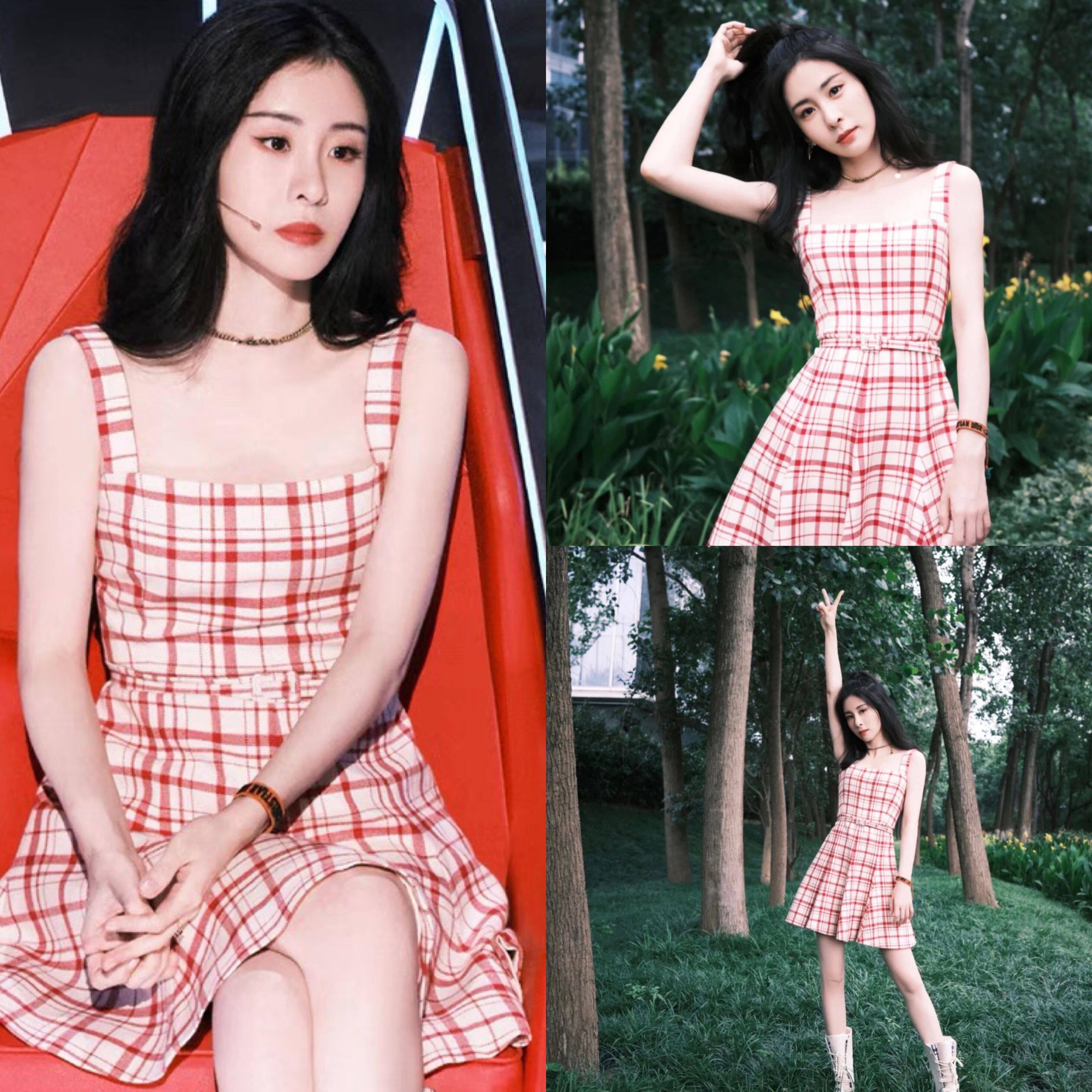 原版张碧晨同款裙子粉色格子吊带裙中国好声音无袖连衣裙背带裙子