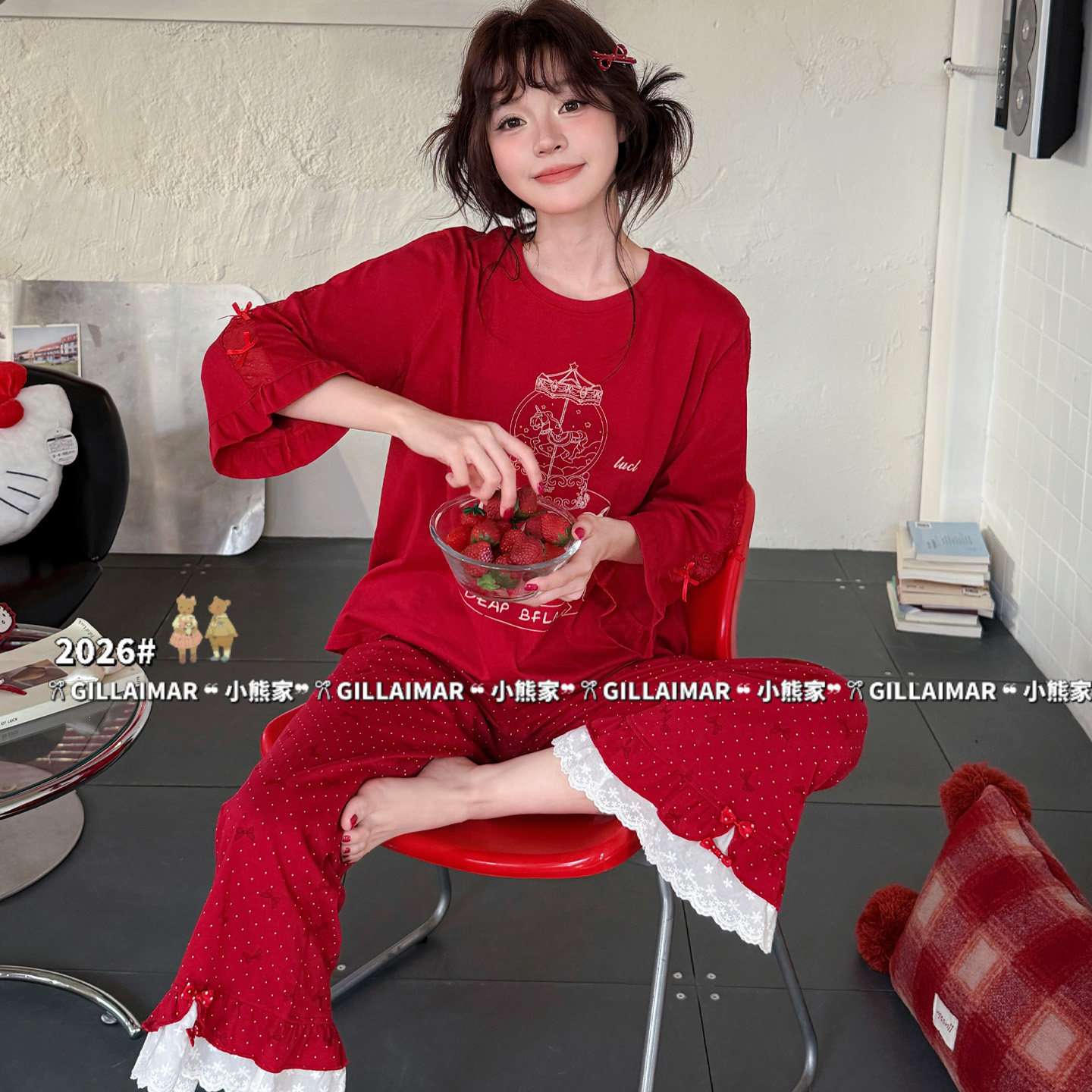 小熊家大红色睡衣女士春秋季纯棉长袖可外穿家居服本命年结婚套装