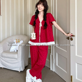 小熊家新款睡衣女春夏季纯棉红色套装高级感结婚本命年大码家居服