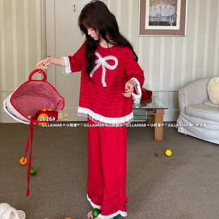 小熊家纯棉睡衣女款春秋季红色套装薄款新年喜庆本命年结婚家居服