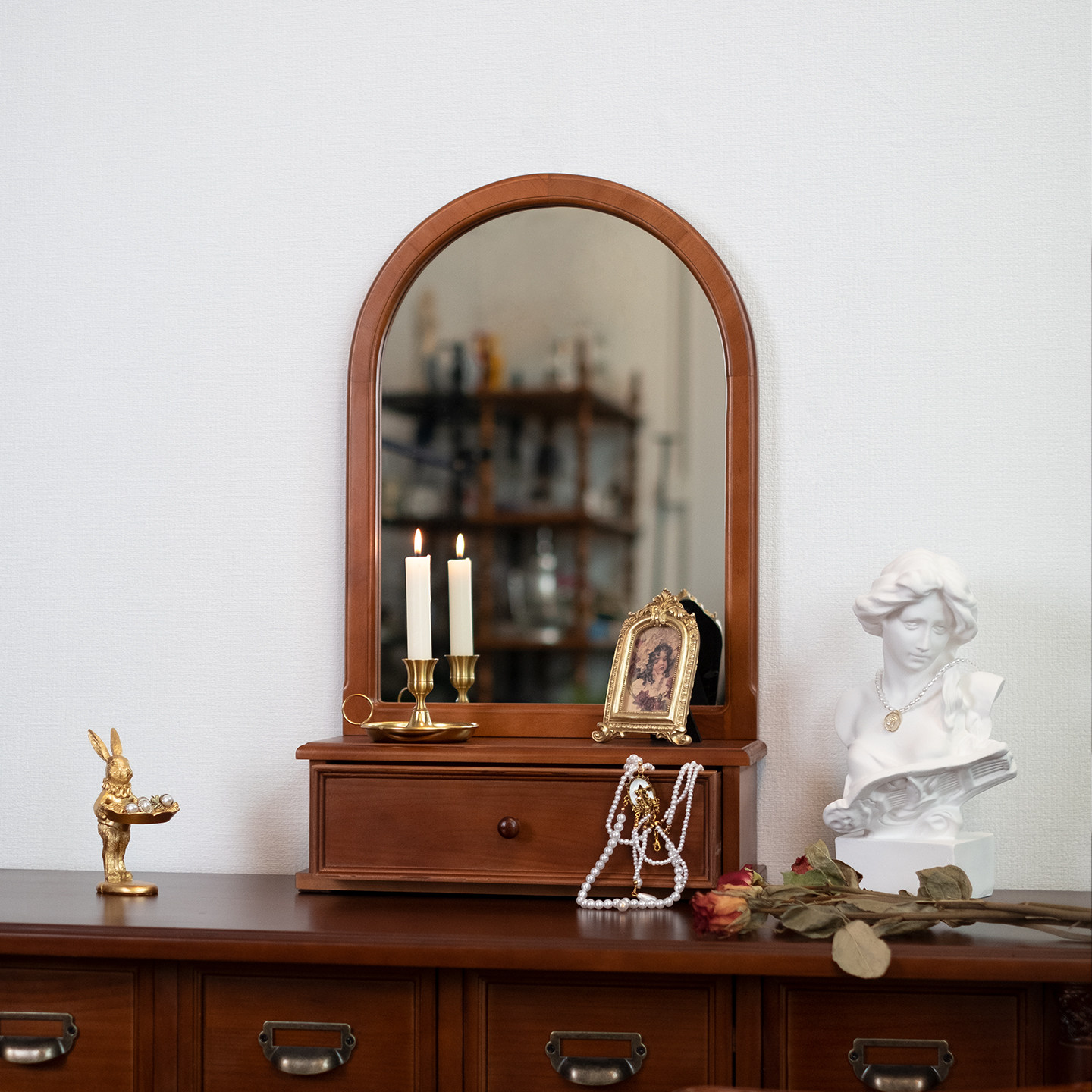 复古化妆镜实木收纳盒新中式桌面台式主卧室化妆品首饰梳妆台镜子