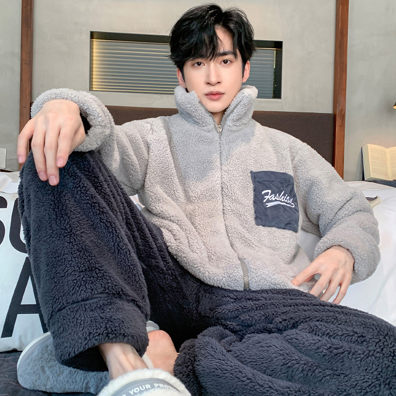 2025新款珊瑚绒男士睡衣秋冬款青少年加厚宽松休闲拉链家居服套装