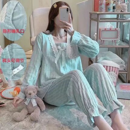 秋冬季加厚加绒产后喂奶哺乳衣月子服怀孕孕妇睡衣女珊瑚绒家居服